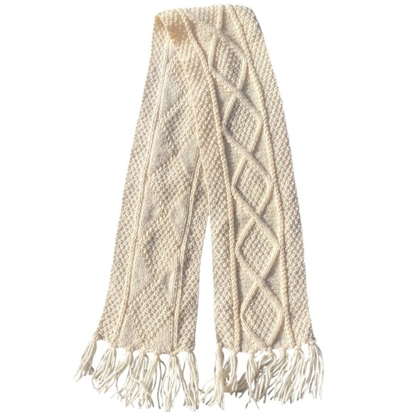 Vintage John Molloy Ireland Cable Knit Wool Scarf Ivory Aran Fringe Fisherman - Picture 1 of 11